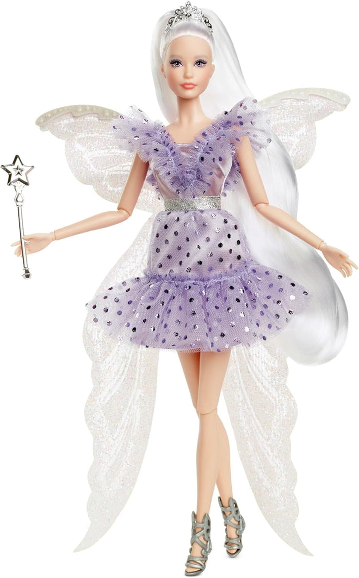 Barbie Signature Tooth Fairy Doll, păpușă de colecție cu aripi de zână, baghetă magică și pungă de monede, cadou pentru copii 6+, JCW43