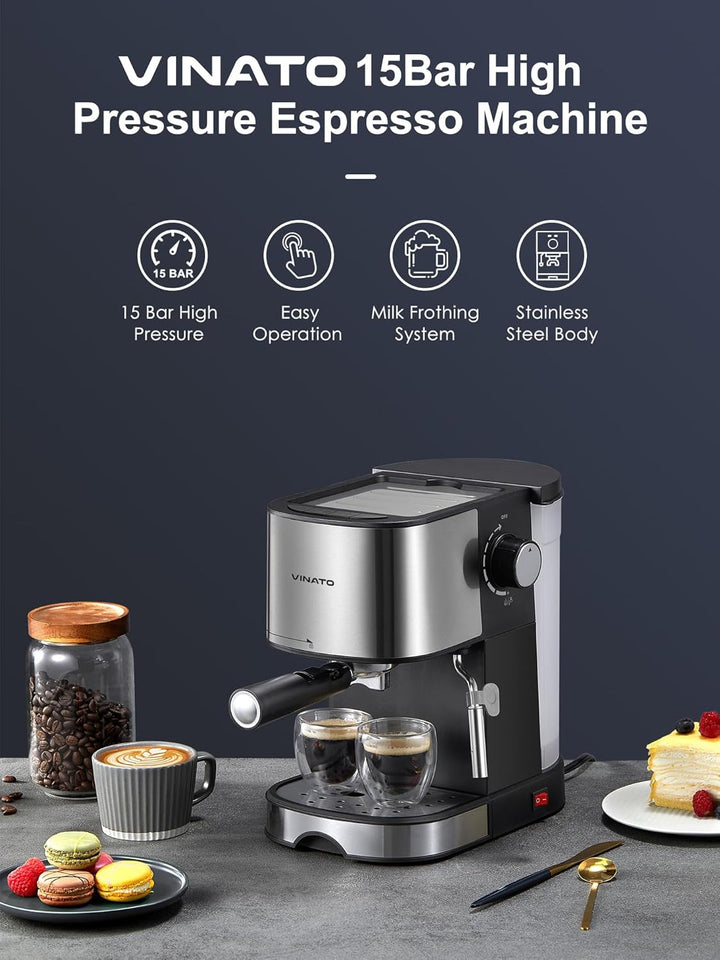 Mașină de espresso VINATO, mașină de espresso și cappuccino de 15 bari cu funcție de încălzire rapidă, mașină de cafea cu funcție de spumare a laptelui și baghetă de abur, suport pentru filtru cu ieșire dublă și 2 filtre