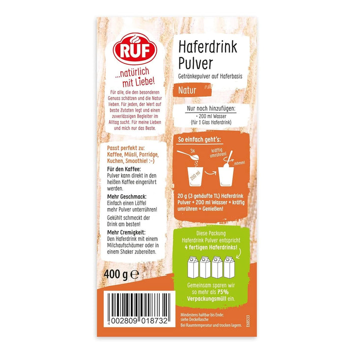 RUF Oat Drink Powder Natural, Pulbere de ovăz de băut, pentru cafea, smoothie-uri, prăjituri sau în terci, Fără gluten, 400 grame