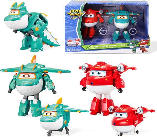 Super Wings 5" Transforming Characters 2-Pack Transforming Supercharged Jett + Tino, jucărie Transformer pentru băieți și fete de peste 3 ani, roșu