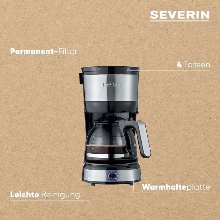 SEVERIN filtru de cafea compact, cafea aromată cu filtru de cafea pentru până la 4 cești, filtru de cafea cu filtru pivotant permanent, oțel inoxidabil / negru, KA 4808