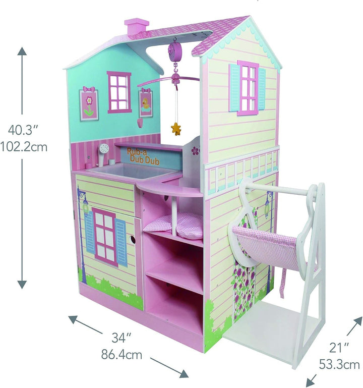 Olivia's Little World 2 En 1 Casă de păpuși și stație de schimbare Masa de schimbare Playset pentru păpuși din lemn cu scaun înalt TD-11460A