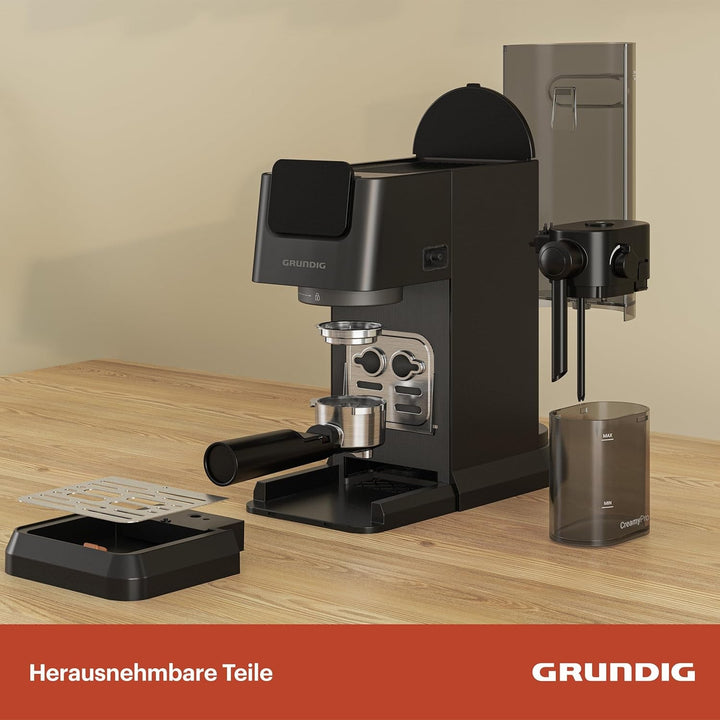 GRUNDIG KSM 5330 Mașină de fasole cu sită Cu recipient integrat pentru lapte, putere 1628 W, presiune pompă 15 bar, duză dublă, afișaj tactil color, Brewsense, Creamypro, Inox închis / negru