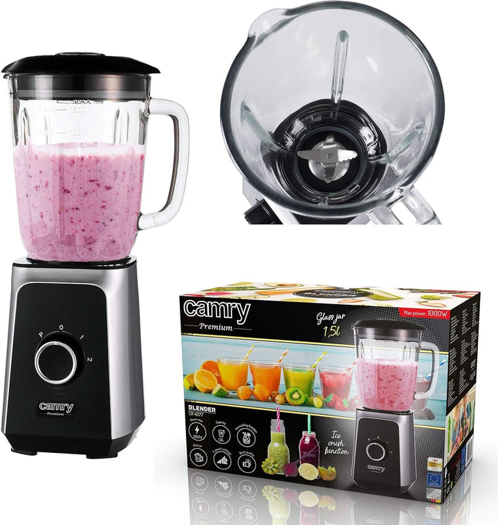 CR 4077 Standmixer Mit 1,5L Glasbehälter, Smoothie Maker, Hochleistungsmixer, Mahlung, Eis-Zerkleinerung, Pulsfunktion, Edelstahlklingen, 2 Geschwindigkeiten, 1000W, Schwarz/Silber