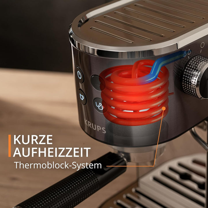 Krups XP444G Virtuoso+ espressor portafilter, 15 bar presiune pompă, 3 filtre crema, duză abur din oțel inoxidabil, panou de control intuitiv, control rotativ, incl. lingură de dozare / tampon, crom / negru