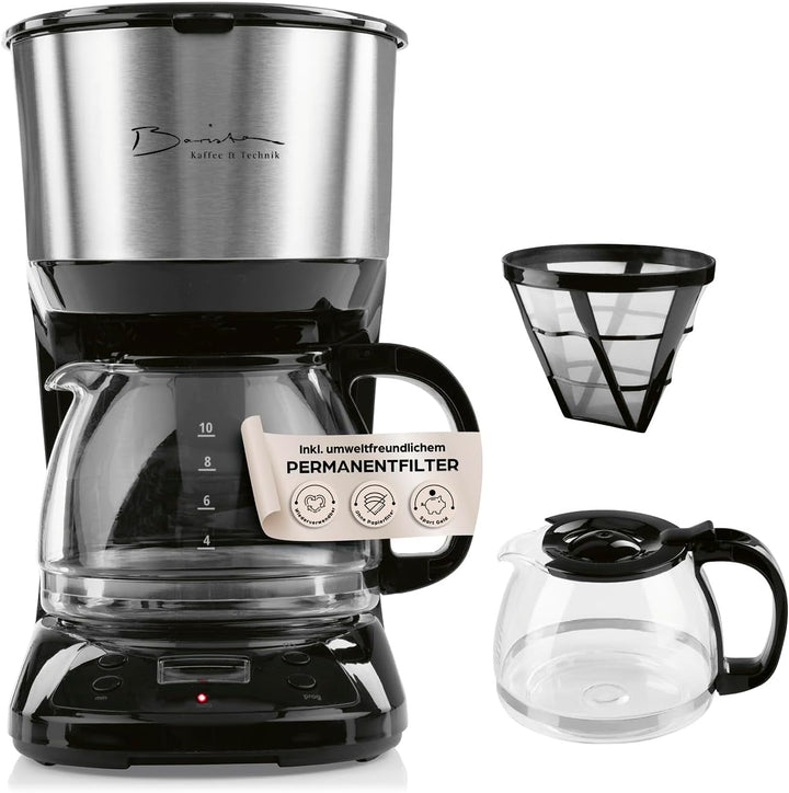 Cafetiera cu filtru Barista cu râșniță reglabilă și cană termo | funcție de menținere la cald, cronometru 24H și filtru permanent | pentru 10 cești de cafea | cafetieră pentru boabe și pudră [oțel inoxidabil]