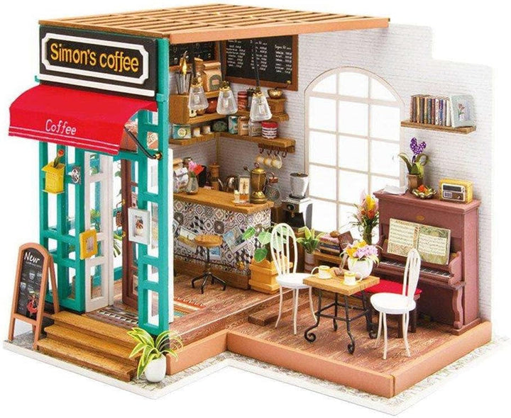 Robotime DG109 Rolife Simon's Cafe Casă de păpuși în miniatură din placaj și plastic, dimensiuni: 23 X 19 X 19 cm, 203 piese