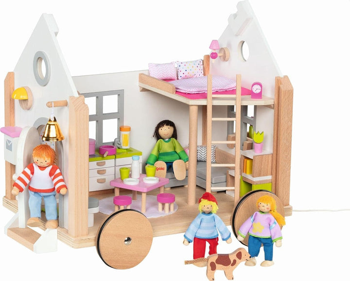 Goki 51477 - Casă mică Hygge din lemn și textile pentru păpuși mini, casă de păpuși mobilă în stil scandinav, 38Cm X 27Cm X 33Cm, set de 40, de la 3 ani