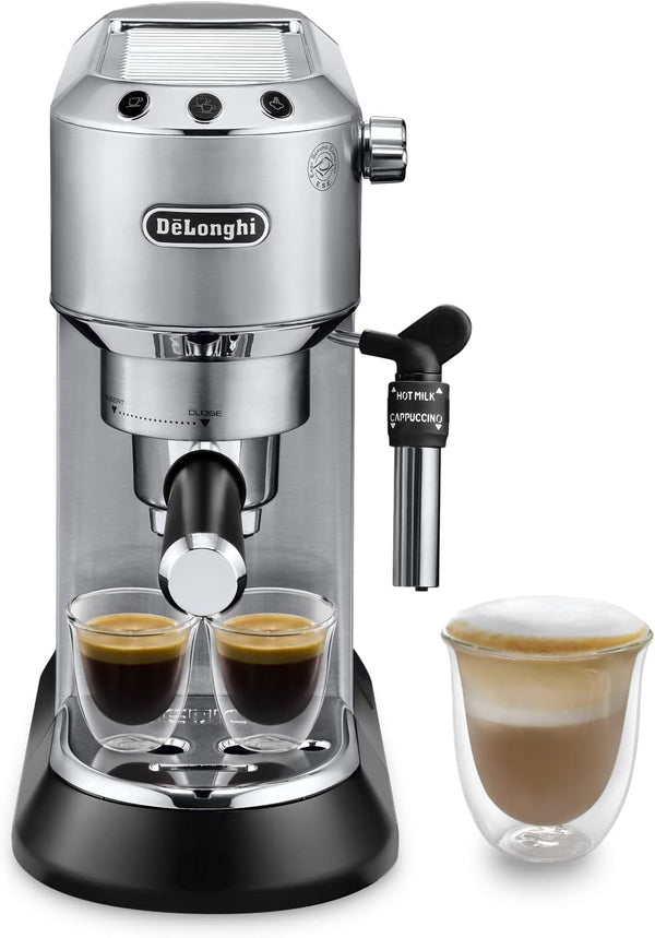 De'Longhi Dedica Style EC 685.M - Mașină espresso portafilter, mașină espresso cu spumă de lapte profesională, doar 15 cm lățime, pentru cafea pudră sau doze ESE, rezervor de apă de 1 litru, argintiu