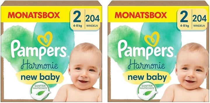 Pampers Baby Windeln Größe 2 (4-8 Kg) Harmonie, SPARPACKUNG Mit Doppelter Monatsbox, Sanfter Hautschutz Und Pflanzenbasierte Inhaltsstoffe, 408 Stück