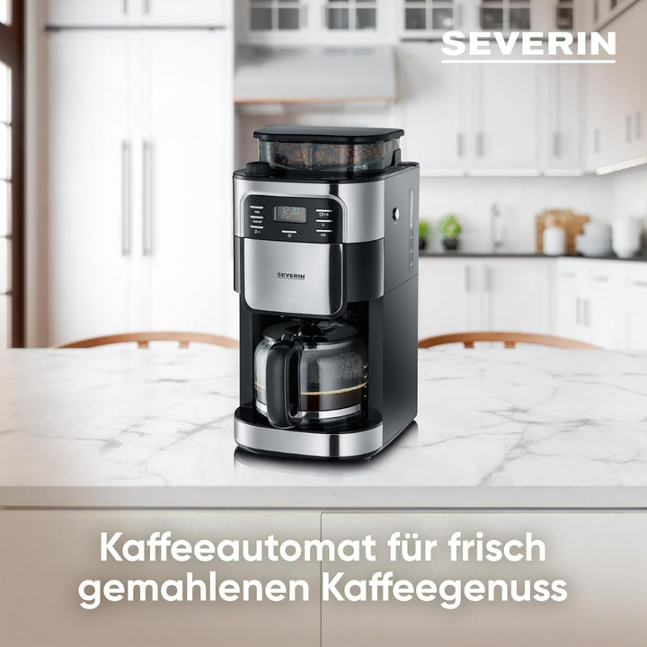 SEVERIN Mașină de cafea cu râșniță, Mașină de cafea cu ulcior de sticlă și funcție de cronometru, De asemenea, ca mașină de cafea cu filtru, Vas de cafea din sticlă pentru 8 cești, 1000 wați, Oțel inoxidabil periat / negru, KA 4810