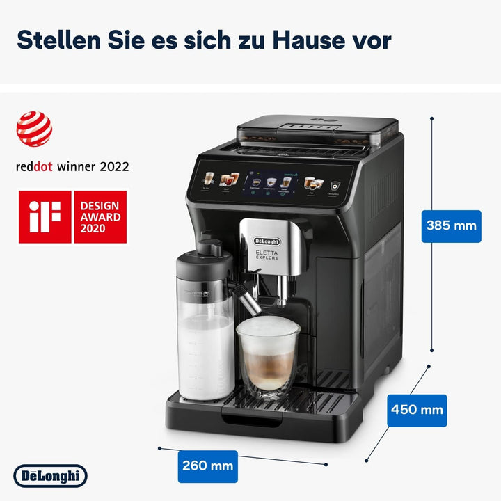 De'Longhi Eletta Explore ECAM452.57.G Aparat de cafea complet automat cu sistem de lapte Lattecrema, Băuturi calde și reci la apăsarea unui buton, Ecran color TFT tactil de 3,5 inch, Cafetieră inclusă, negru