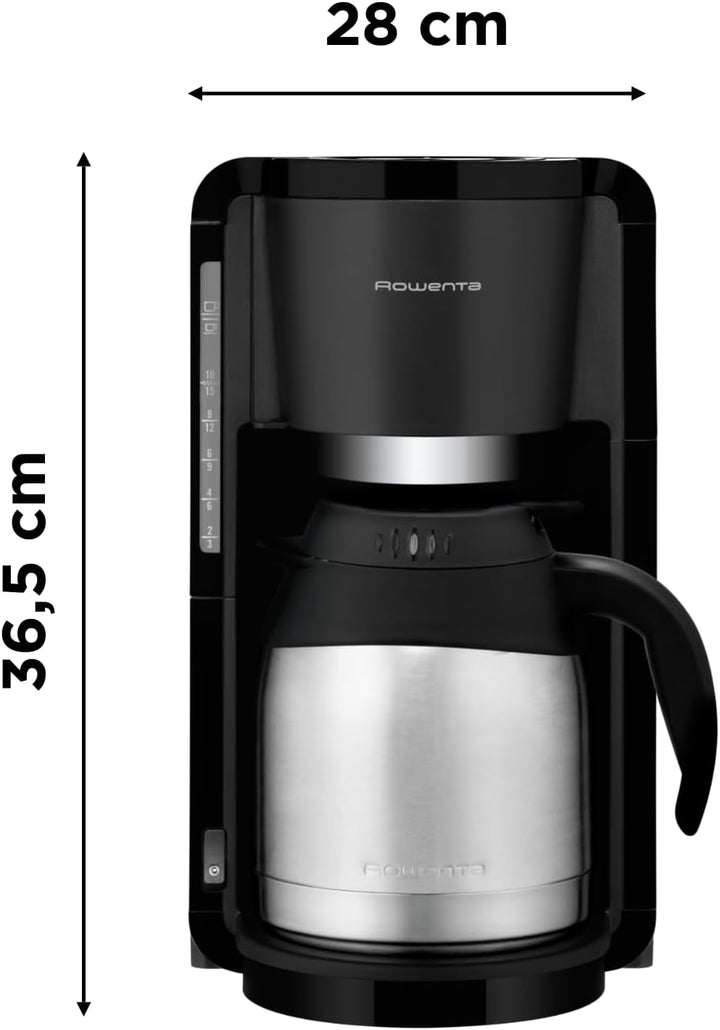 Rowenta CT3818 Cafetiera cu filtru Adagio Milano, cană termo din oțel inoxidabil, 10-15 cești, capacitate 1,25 L, oprire automată, 850 Watt, 26,5 X 27 X 38,5 cm, negru