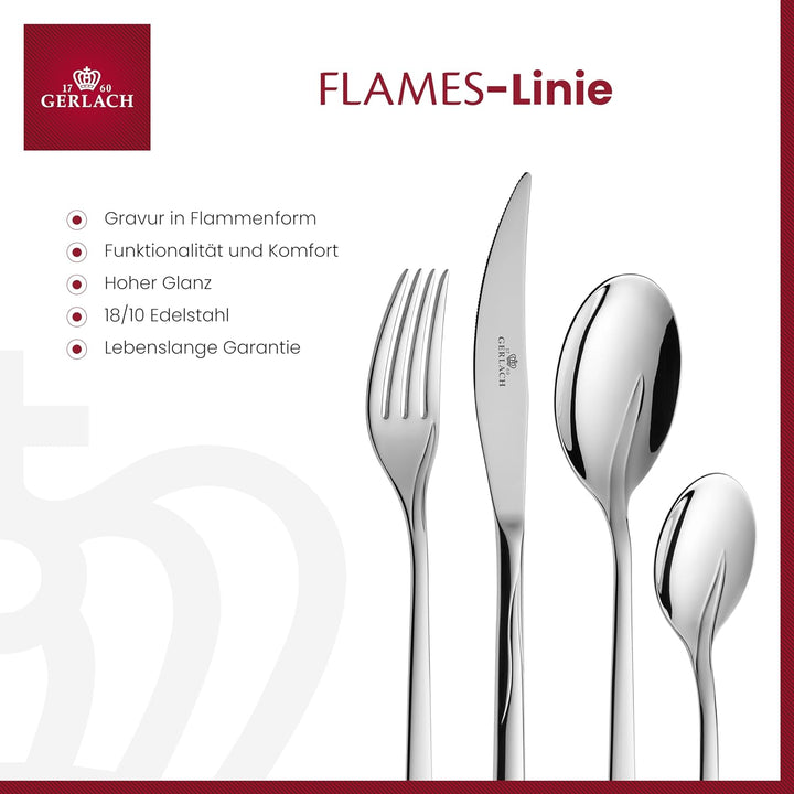 Gerlach Flames Besteck-Set 12 Personen Spülmaschinenfest Essbesteck Edelstahl Elegantes Tafelbesteck Messer Gabel Löffel Teelöffel Kuchengabel Soßenlöffel Kuchenspachtel Glänzend Rostfrei 68 Stk