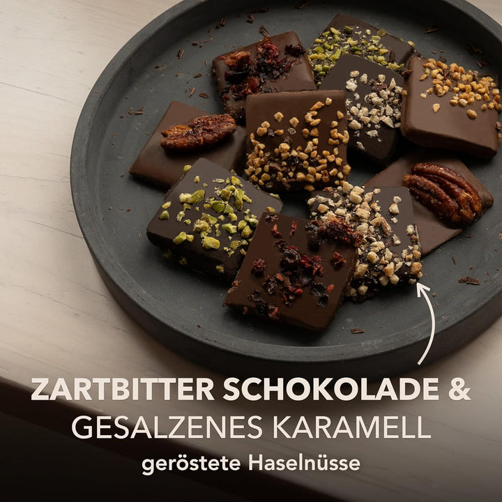 Dolfin Karamell & Schokolade - Zartbitterschokolade Mit Gerösteten Haselnüssen - Hausgemachter Gesalzener Butterkaramell Und Frische Nüsse - Süßigkeiten, Geschenk - Hergestellt in Belgien, 200 G