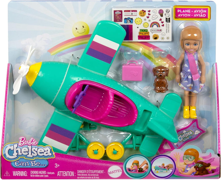 Barbie Chelsea Plane Doll And Playset - păpușă pilot, avion, mâner și accesorii pentru povești, roți de rulare și elice cu picior de floare, vârsta 3+, HTK38