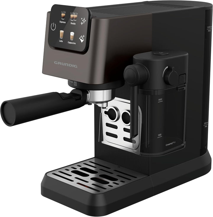 GRUNDIG KSM 5330 Mașină de fasole cu sită Cu recipient integrat pentru lapte, putere 1628 W, presiune pompă 15 bar, duză dublă, afișaj tactil color, Brewsense, Creamypro, Inox închis / negru