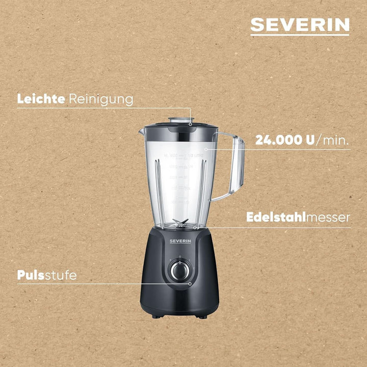 SEVERIN Standmixer Mit 1,5 L Mixbehälter Aus Tritan, Mixer Mit 2 Stufen Und Pulse-Funktion, Leistungsstarker Küchenmixer Mit Edelstahlmesser, 600 W, Schwarz, SM 3707