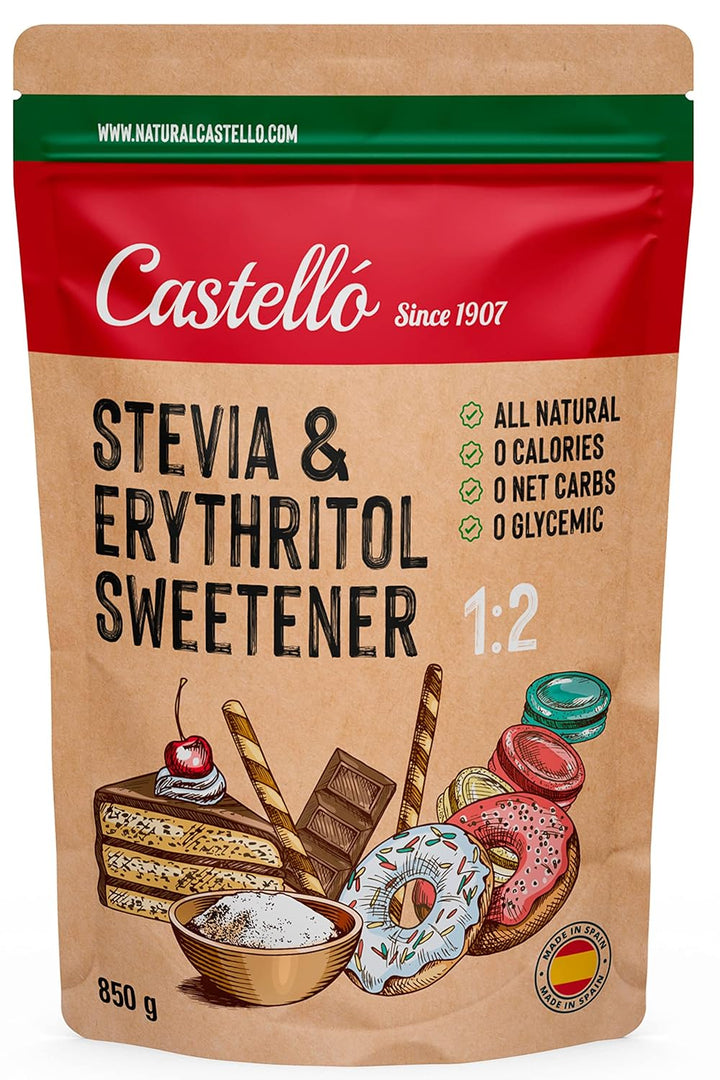 Stevia + Erythrit 1:2 Süßstoff | 1G = 2G Zucker | 100% Natürlicher Zuckerersatz - 0 Kalorien - 0 Glykämischer Index - Keto Und Paleo - 0 Netto-Kohlenhydrate - Kein GVO - Castello since 1907 - 850 G