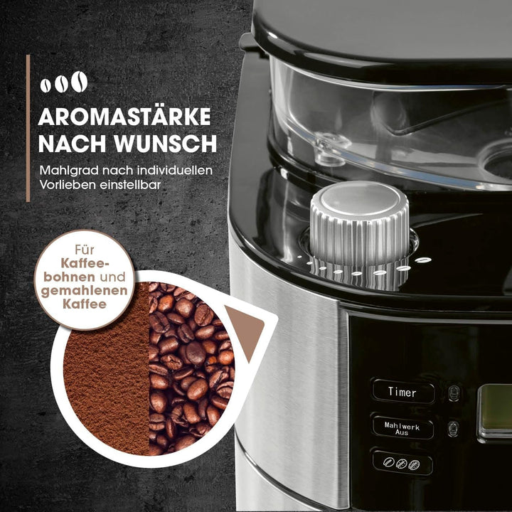 Cafetiera cu filtru Barista cu râșniță reglabilă și cană termo | funcție de menținere la cald, cronometru 24H și filtru permanent | pentru 10 cești de cafea | cafetieră pentru boabe și pudră [oțel inoxidabil]