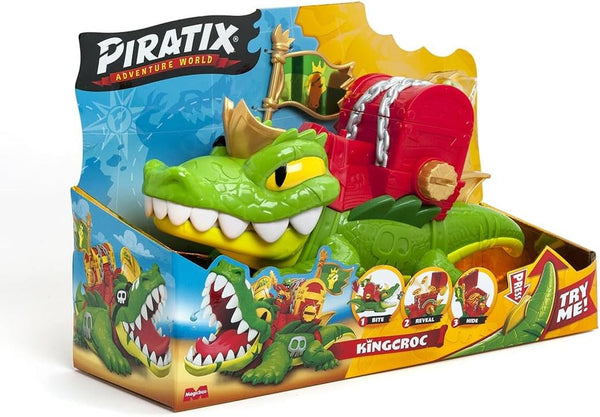 PIRATIX King Croc - Crocodil articulat pentru a prinde Piratix și cufărul cu comori - Conține 1 crocodil, 1 comoară exclusivă, 2 cranii de aur suplimentare, 1 Piratix exclusiv și 1 accesoriu