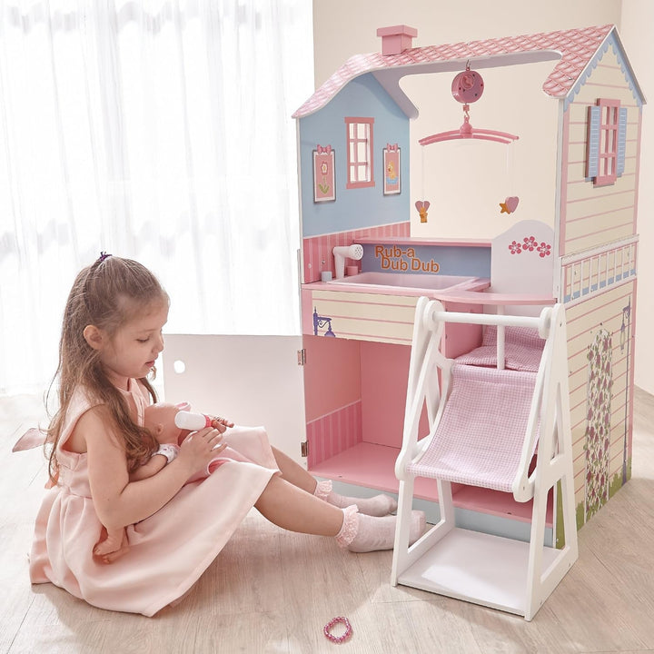 Olivia's Little World 2 En 1 Casă de păpuși și stație de schimbare Masa de schimbare Playset pentru păpuși din lemn cu scaun înalt TD-11460A