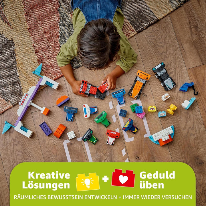 LEGO DUPLO Town F1 Team Race Cars With Racers, jucărie de construit pentru întreaga familie, experiență de joacă imaginativă, cadou de ziua de naștere pentru copii mici, băieți și fete de la 2 ani 10445