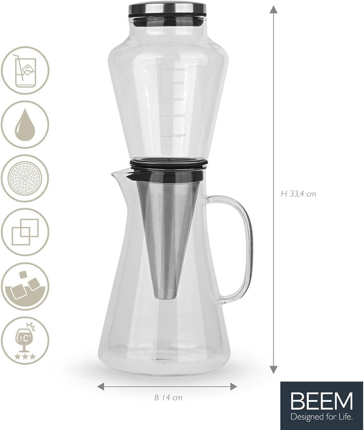 Beem filtru de cafea cu picurare la rece pentru 0,5L sticlă de borosilicat / oțel inoxidabil argintiu-transparent, Dimensiuni: 14Cm X 12.5.Cm X 33.4Cm, 03075