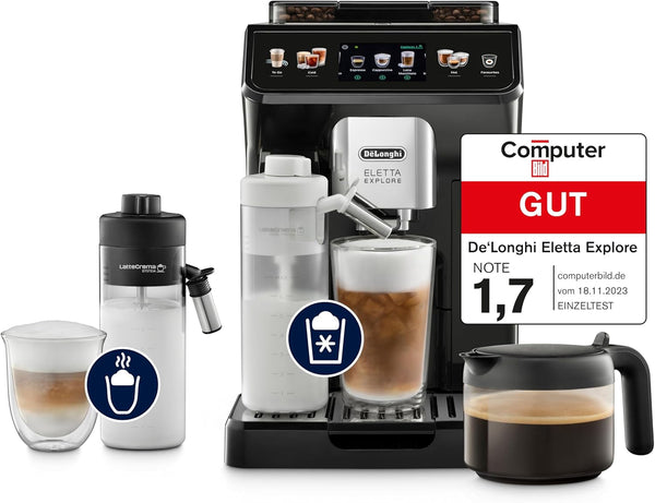 De'Longhi Eletta Explore ECAM452.57.G Aparat de cafea complet automat cu sistem de lapte Lattecrema, Băuturi calde și reci la apăsarea unui buton, Ecran color TFT tactil de 3,5 inch, Cafetieră inclusă, negru