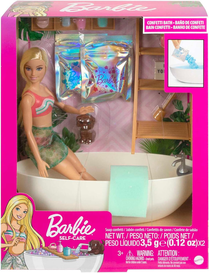 Barbie Self-Care Series, Confetti Bath, păpușă Barbie cu păr blond, costum de baie, cățeluș, 2 pachete de săpun Confetti, accesorii Barbie, 1X păpușă Barbie inclusă, potrivită ca un cadou, Hkt92