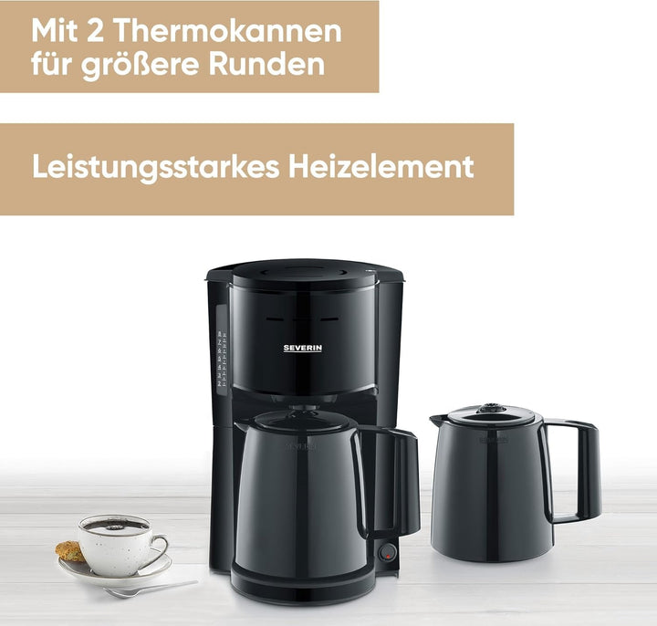 SEVERIN filtru de cafea cu 2 carafe termos, filtru de cafea pentru până la 8 cești per carafă, filtru de cafea cu 2 carafe cu vid, negru, KA 9307
