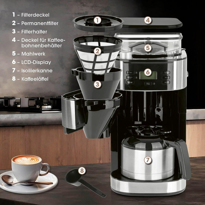 Cafetiera cu filtru Barista cu râșniță reglabilă și cană termo | funcție de menținere la cald, cronometru 24H și filtru permanent | pentru 10 cești de cafea | cafetieră pentru boabe și pudră [oțel inoxidabil]