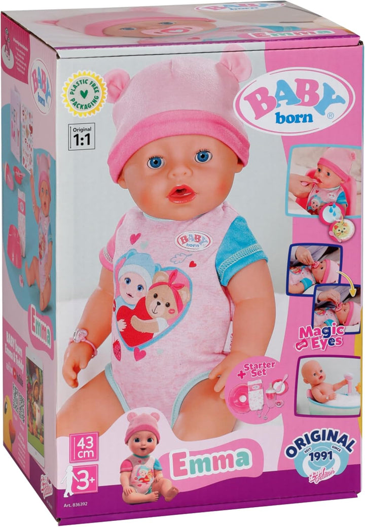 BABY Born Emma - Păpușă de 43 cm înălțime - 10 funcții Inclusiv accesorii și rochiță - Funcționează complet fără baterii - Potrivit pentru copii cu vârsta de 3 ani și peste