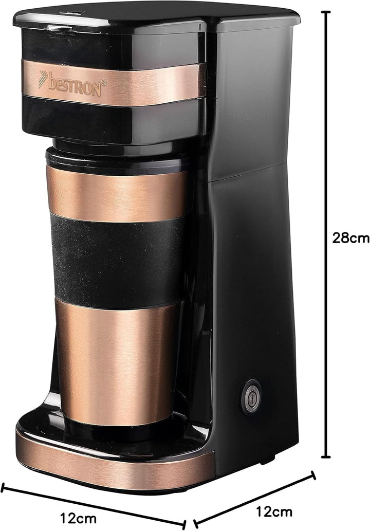 Aparat de cafea Bestron cu cană izolată, aparat de cafea de camping pentru cafea filtrată măcinată, aparat de cafea mic pentru 2 cești mari, 750 wați, culoare: cupru