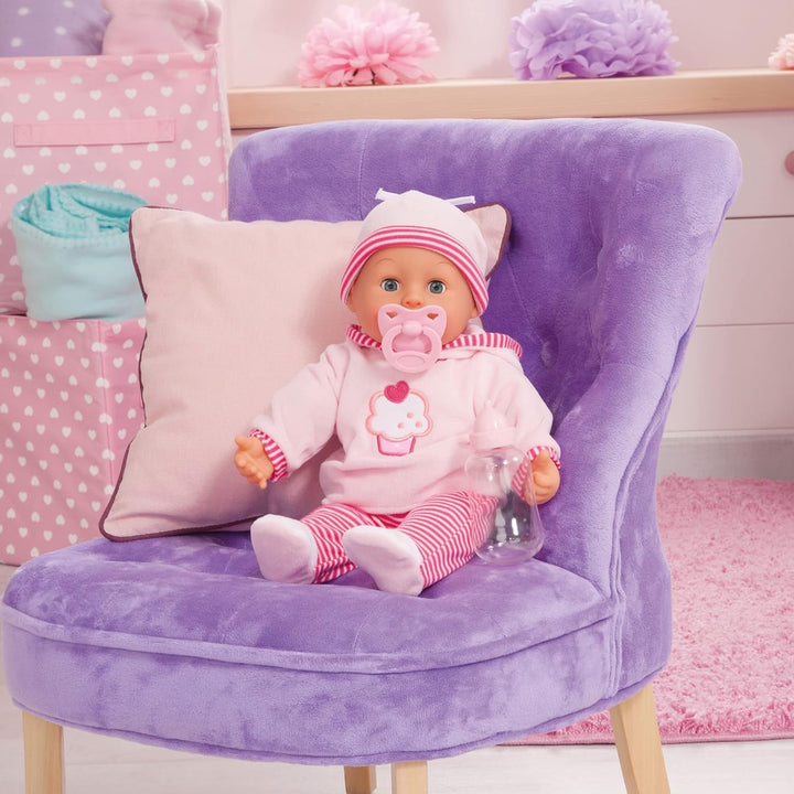 Păpușă First Words cu ochi adormiți, vorbește 24 de sunete de bebeluș, cu păpușă și biberon, 38 cm, roz/stripes