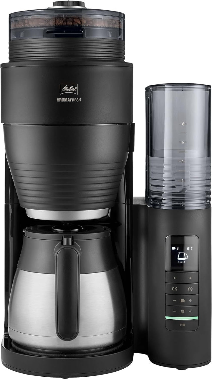 Melitta Aromafresh Pro X - Cafetieră cu râșniță, filtru de cafea cu ulcior din sticlă și rezervor de apă detașabil, pentru până la 10 cești de cafea, gri cald
