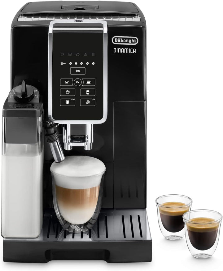 De'Longhi Dinamica ECAM 350.55.B Aparat de cafea complet automat cu sistem de lapte Lattecrema, cappuccino, espresso și cafea la apăsarea unui buton, afișaj digital, funcție 2 cești, rezervor mare de apă de 1,8 litri, negru