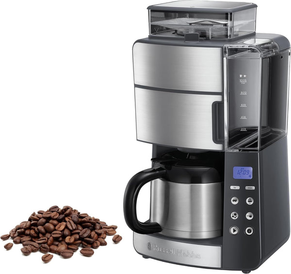 Russell Hobbs Cafetiera cu râșniță Thermo Jug [cronometru digital, cap efervescent pentru extracție și aromă optime] Grind&Brew (Max 10 cești, setare de măcinare în 3 trepte) Filtru de cafea 25620-56