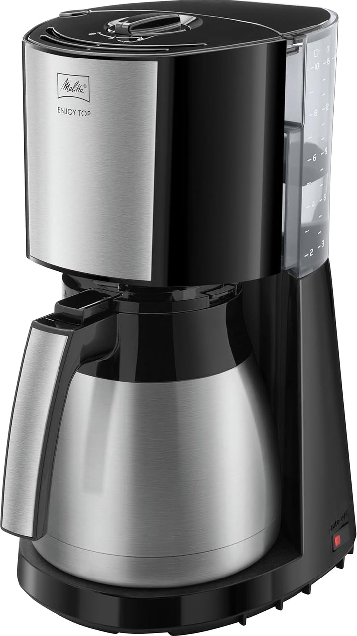 Melitta Enjoy Top Therm - Cafetieră cu cană termo din oțel inoxidabil, filtru de cafea cu opritor de picurare, pentru până la 10 cești de cafea, oțel inoxidabil / negru