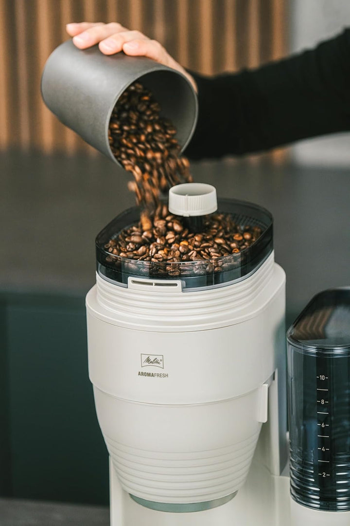 Melitta Aromafresh Pro X - Cafetieră cu râșniță, filtru de cafea cu ulcior din sticlă și rezervor de apă detașabil, pentru până la 10 cești de cafea, gri cald