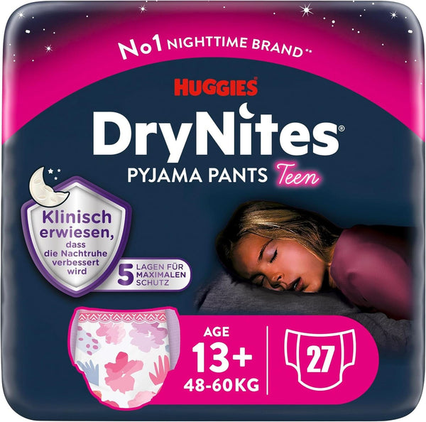 Huggies Drynites Nachtwindeln Bei Bettnässen, Für Mädchen Ab 13 Bis Ca. 17 Jahre (48-60 KG), 27 Stück (3X9), Monatspack, Windel-Pants