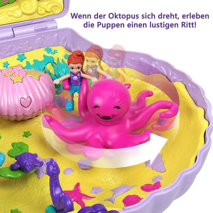 Sicriu Polly Pocket, sac de cochilie pentru înfășurat în jurul temei subacvatice, cu 2 păpuși și 1 submarin, jucărie sirenă Polly Pocket, jucărie de la 4 ani, GNH11