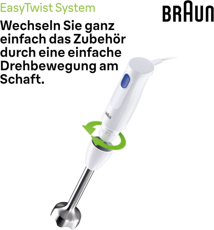 Braun Stabmixer MQ10.001M Multiquick 1 - Extra Leichter Pürierstab Mit Edelstahl-Mixfuß Und Easytwist System, Inkl. 600 Ml Mix- & Messbecher, 450 Watt, Weiß