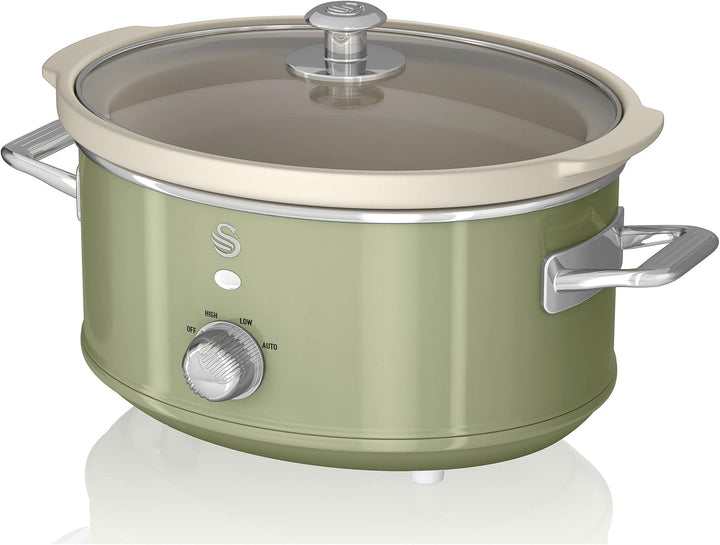 Swan Retro SF17021GRNEU Slow Cooker 3,5L Abnehmbarer Kochbehälter, PFOA- Und Ptfe-Freier Keramischer Antihaft-Behälter, 3 Temperaturstufen, Glasdeckel, Vintage-Design, Grau, 200W