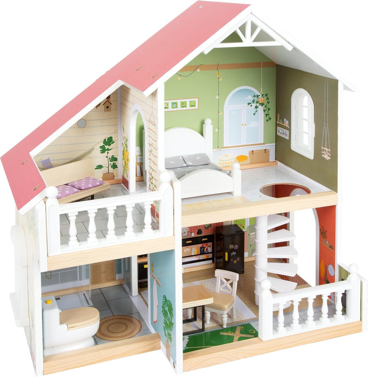Casă de păpuși Small Foot Vilă de oraș din lemn, cu 3 etaje, față deschisă și 12 mobilier, pentru copii de la 3 ani, 11802, alb gri