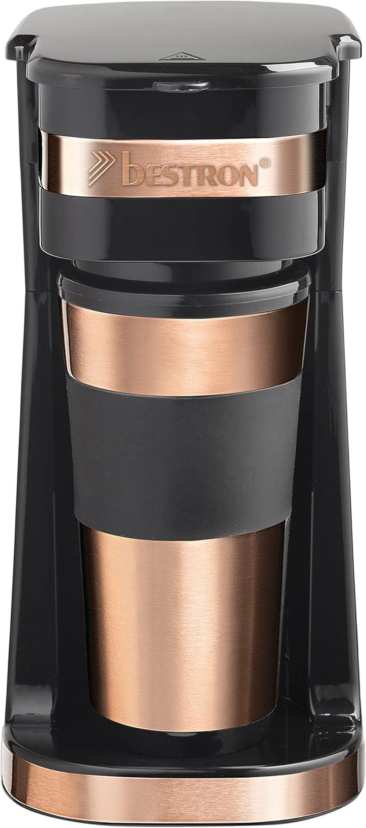 Aparat de cafea Bestron cu cană izolată, aparat de cafea de camping pentru cafea filtrată măcinată, aparat de cafea mic pentru 2 cești mari, 750 wați, culoare: cupru