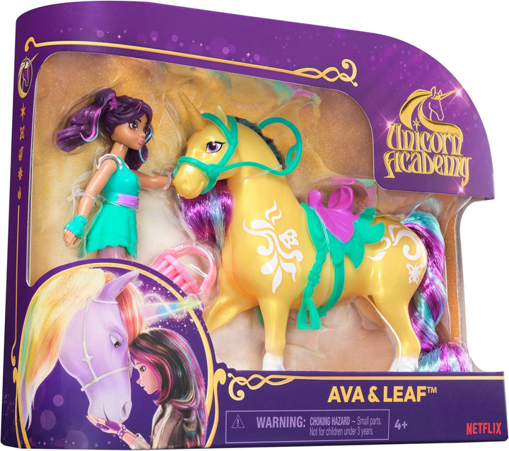 Unicorn Academy AVA și Unicorn Leaf Set - Figurine originale de aproximativ 12 cm înălțime din popularul serial Netflix Cu două accesorii și perii de păr Pentru jocuri de rol imaginative, pentru copii cu vârsta de 4 ani și peste