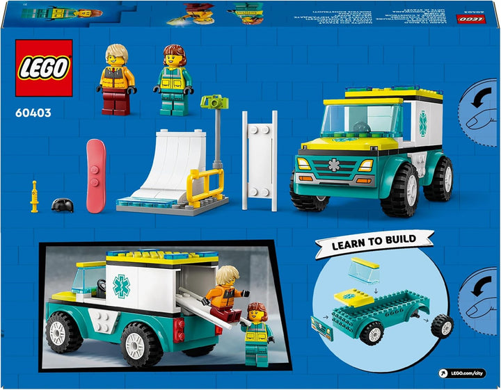 LEGO City Ambulanță și Snowboarder, Ambulanță Playset cu mașină de jucărie și 2 minifigurine, Snowboarder și Paramedic Figura, cadou imaginativ pentru băieți și fete de la 4 ani 60403