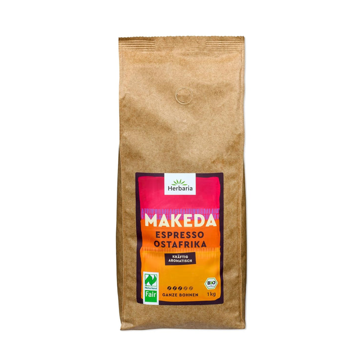 Herbaria MAKEDA Bio Espresso Ganze Bohnen 1Kg – Naturland Fair Zertifiziert Aus Ostafrika – Röstaromen Mit Kakao- & Eichenholz-Noten – Bio Kaffeebohnen Perfekt Für Siebträger Und Kaffeevollautomaten