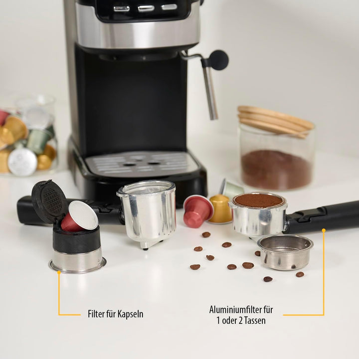 Aparat espresso Tristar | 2 cești în același timp | Potrivit pentru capsule Nespresso și cafea măcinată | Încălzitor de cești | Se poate spăla pe vase | 20 bar | 1100 W | CM-2278